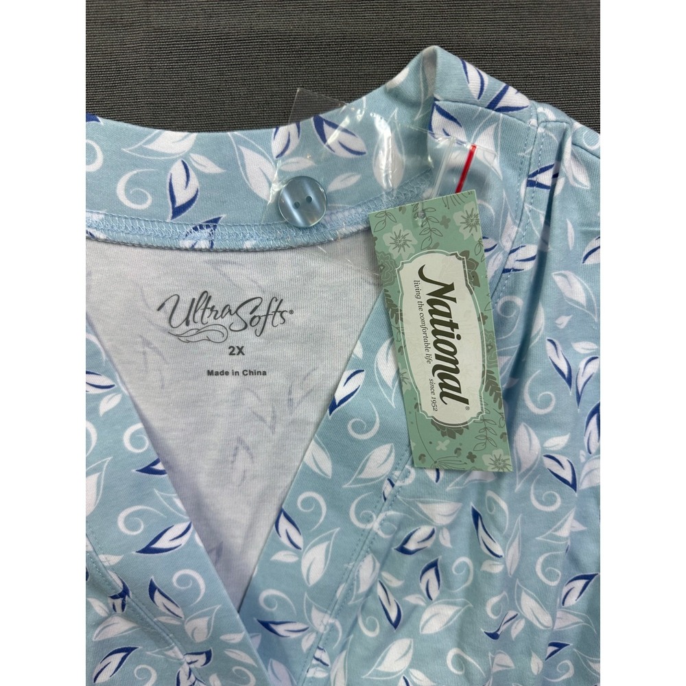 National UltraSofts Womens 2X Blue Leaf Print Button Front Cardigan Top NWT